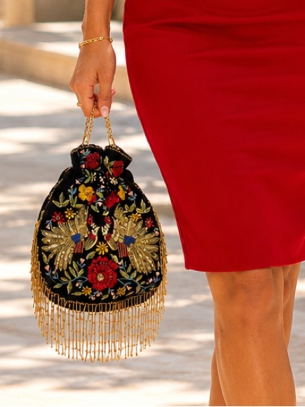 Ramla NWOT Handmade embroidered Pouch Bag with Gold chain and hanging beads.